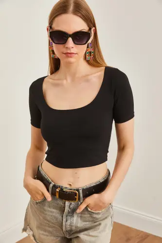 Women's Black Double Layer Front Cotton Lycra T-Shirt TSH- - OLALOOK (1)