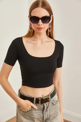 Women's Black Double Layer Front Cotton Lycra T-Shirt TSH- - 3