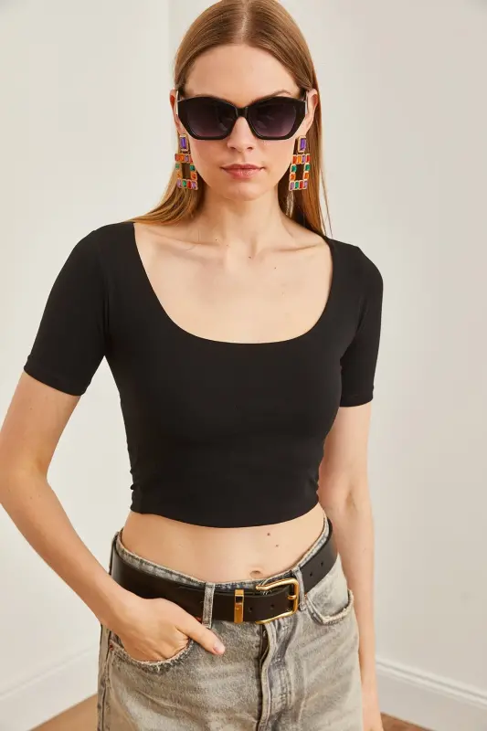 Women's Black Double Layer Front Cotton Lycra T-Shirt TSH- - 3