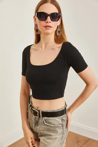 Women's Black Double Layer Front Cotton Lycra T-Shirt TSH- - 4