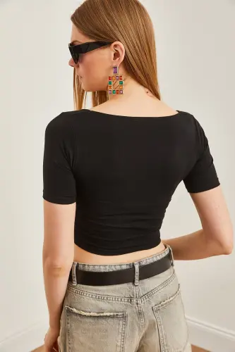 Women's Black Double Layer Front Cotton Lycra T-Shirt TSH- - 5