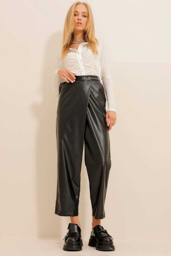 Women's Black Double Pocket Belt Detailed Leather Pants ALC-X11079 - 2