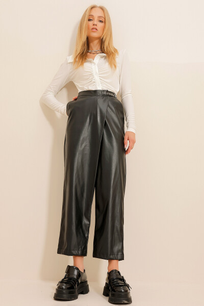 Women's Black Double Pocket Belt Detailed Leather Pants ALC-X11079 - 4