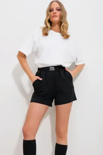 Women's Black Double Pocket Elastic Waist Woven Linen Shorts Alc-X11715-BLACK - 1