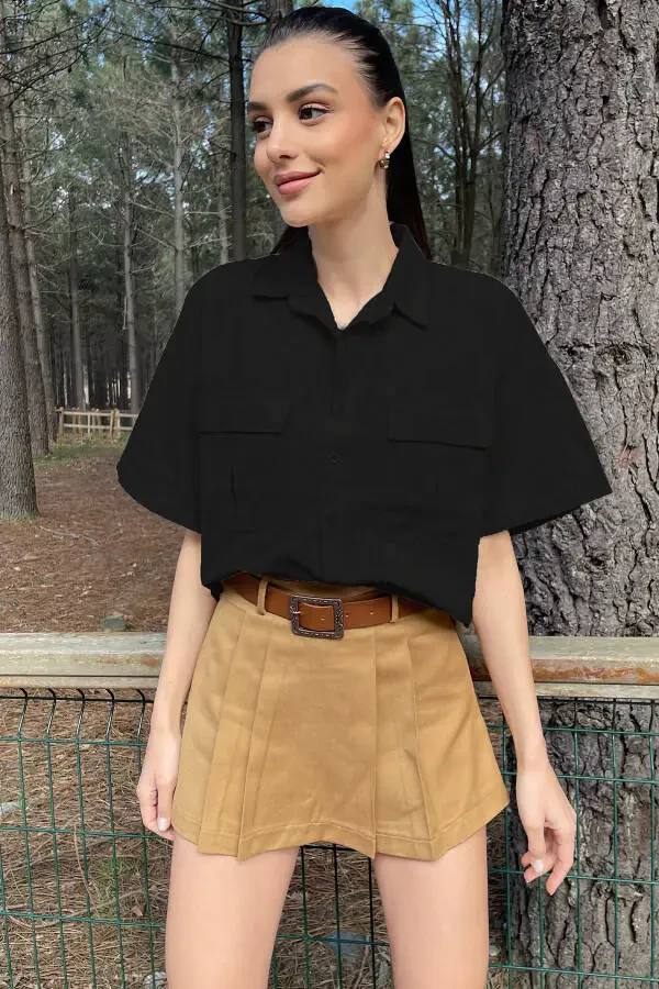 Women's Black Double Pocket Half Sleeve Linen Shirt ALC-X9991 - 2