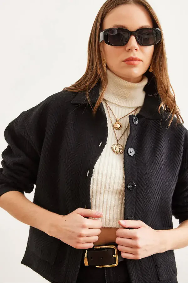 Women's Black Double Pocket Shawl Collar Unlined Jacket CKT-19000391 - 1