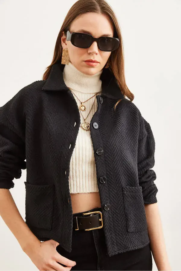 Women's Black Double Pocket Shawl Collar Unlined Jacket CKT-19000391 - 3