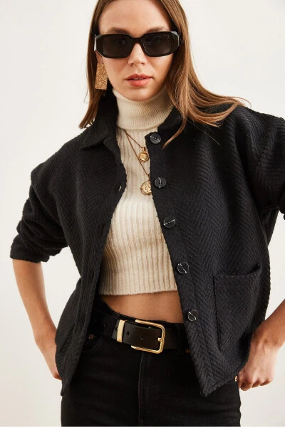 Women's Black Double Pocket Shawl Collar Unlined Jacket CKT-19000391 - 4