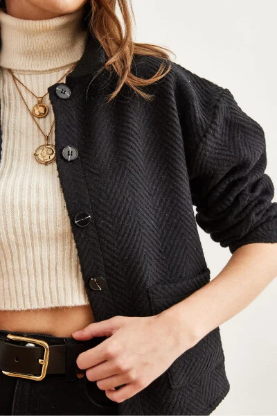 Women's Black Double Pocket Shawl Collar Unlined Jacket CKT-19000391 - 5