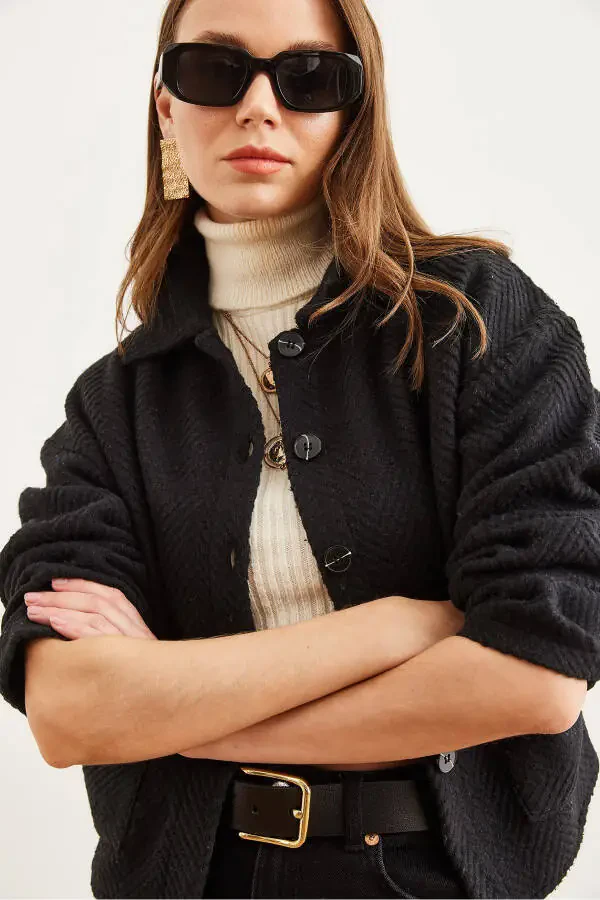 Women's Black Double Pocket Shawl Collar Unlined Jacket CKT-19000391 - 6