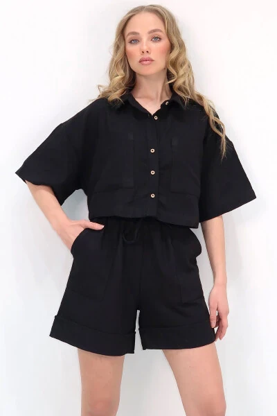 Women's Black Double Pocket Shirt And Shorts Linen Set ALC-X12261 - TREND ALAÇATI STILI