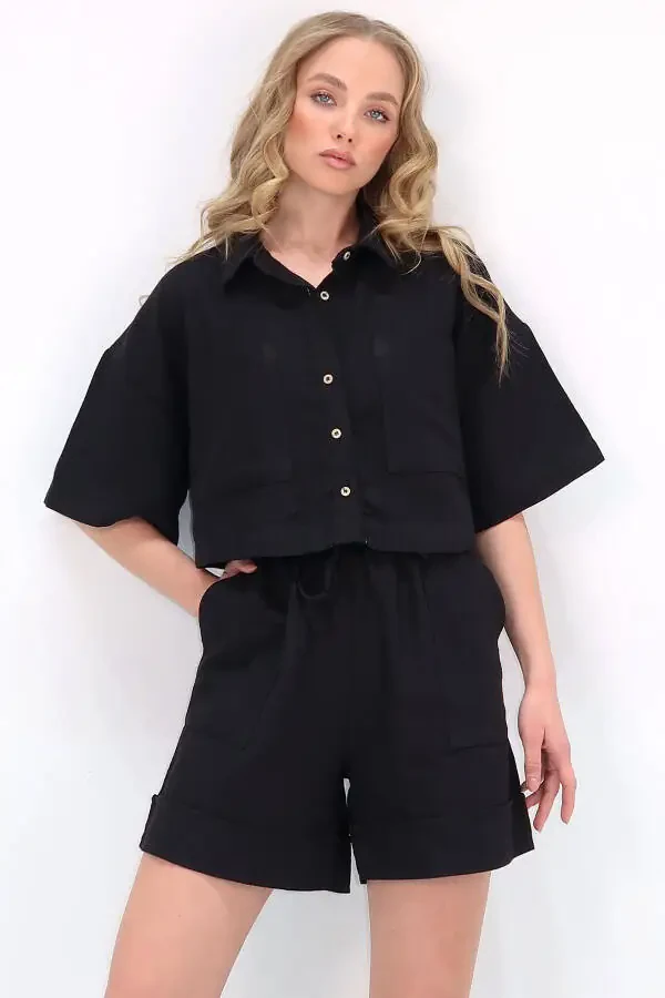 Women's Black Double Pocket Shirt And Shorts Linen Set ALC-X12261 - 2