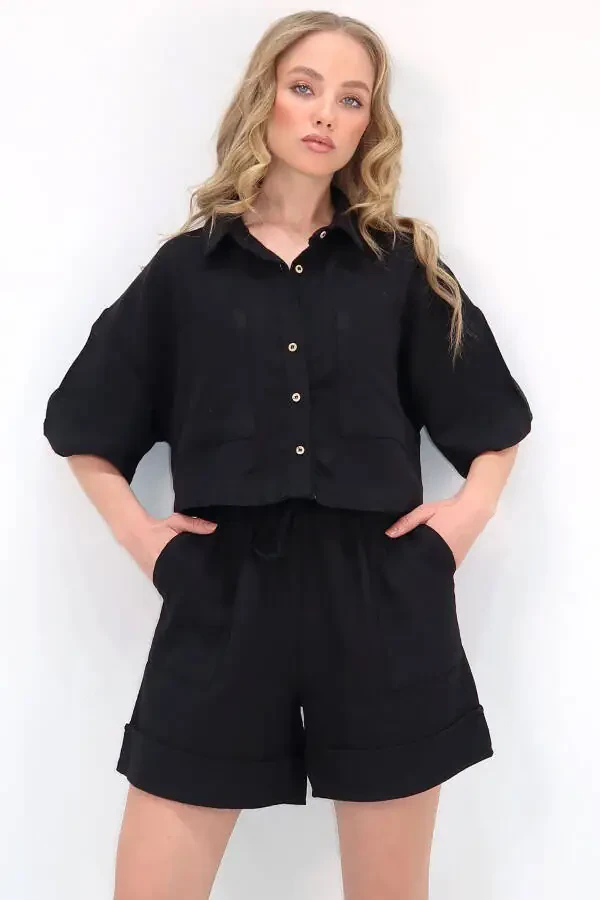 Women's Black Double Pocket Shirt And Shorts Linen Set ALC-X12261 - 3