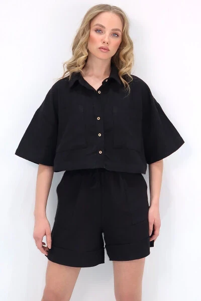 Women's Black Double Pocket Shirt And Shorts Linen Set ALC-X12261 - 4