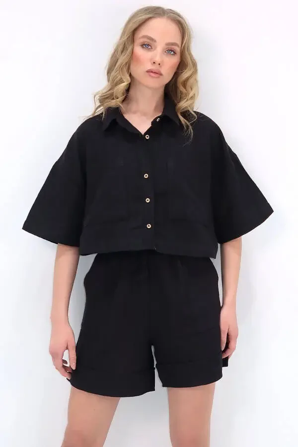 Women's Black Double Pocket Shirt And Shorts Linen Set ALC-X12261 - 4