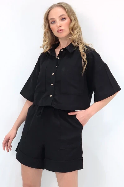Women's Black Double Pocket Shirt And Shorts Linen Set ALC-X12261 - 5