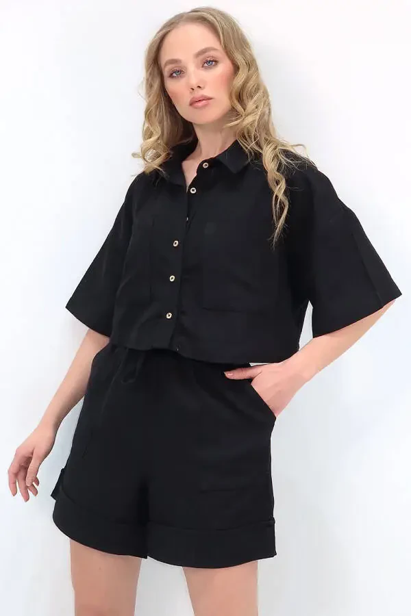 Women's Black Double Pocket Shirt And Shorts Linen Set ALC-X12261 - 5