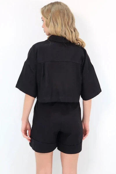 Women's Black Double Pocket Shirt And Shorts Linen Set ALC-X12261 - 6