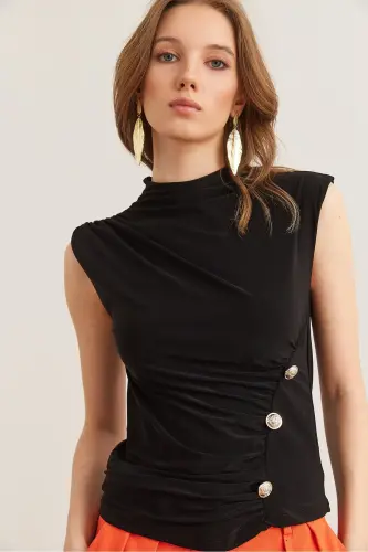 Women's Black Drape Detailed Buttoned Waist Sandy Blouse - 1