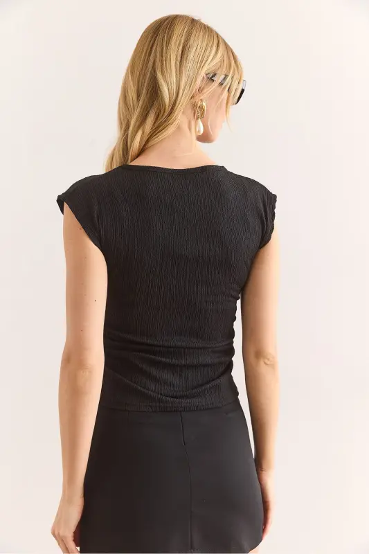 Women's Black Draped Detail Crop Crinkle Blouse BLZ-1 - 5