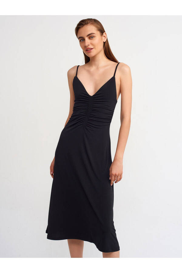 Women's Black Drawstring Long Dress 90342 - 7