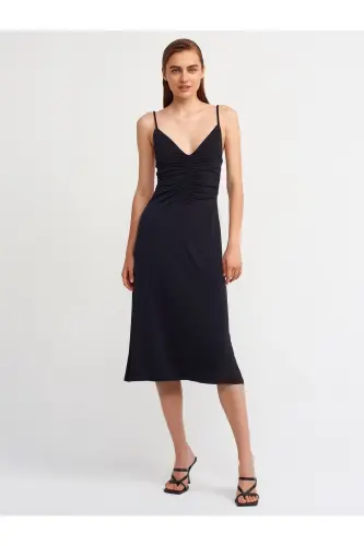 Women's Black Drawstring Long Dress 90342 - 1