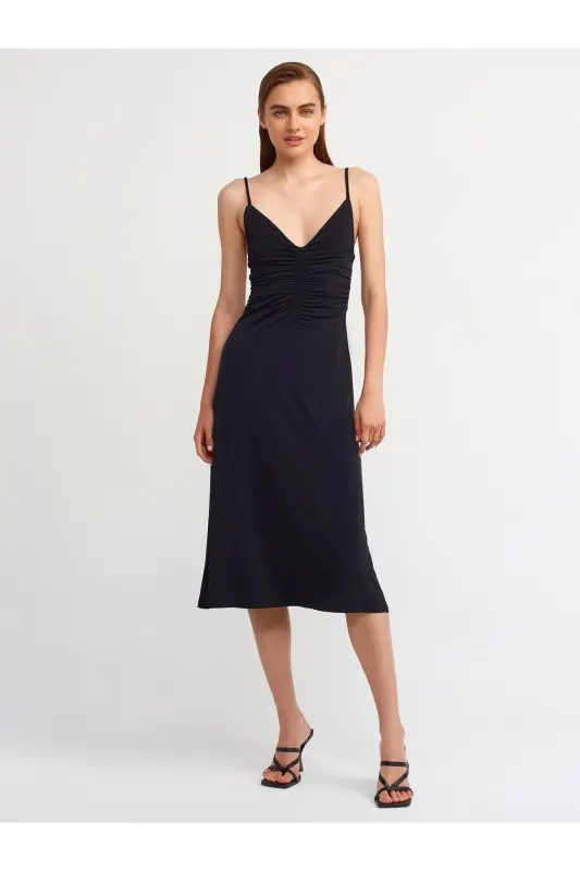 Women's Black Drawstring Long Dress 90342 - DILVIN