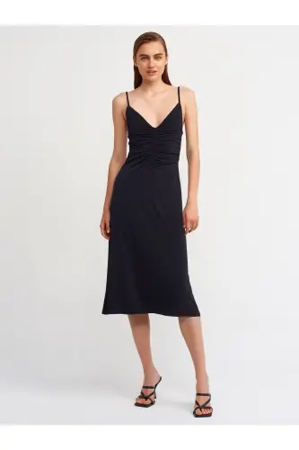 Women's Black Drawstring Long Dress 90342 - 3