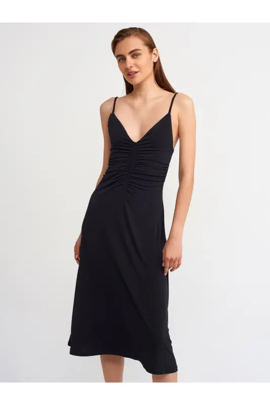 Women's Black Drawstring Long Dress 90342 - 4