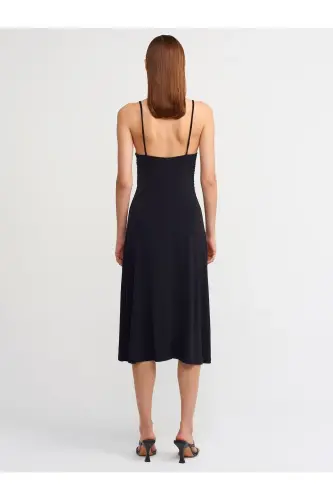 Women's Black Drawstring Long Dress 90342 - 5