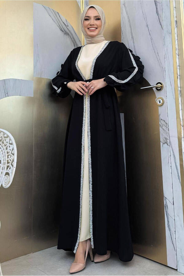 Women's Black Dress Abaya Set with Stone Detail T 4848 - 4