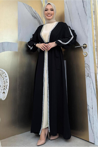 Women's Black Dress Abaya Set with Stone Detail T 4848 - 7