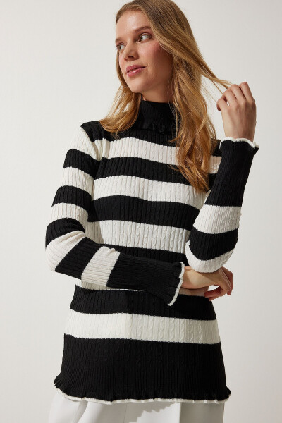 Women's Black Ecru Fisherman Neck Frilled Striped Knitted Sweater DD01269 - 1