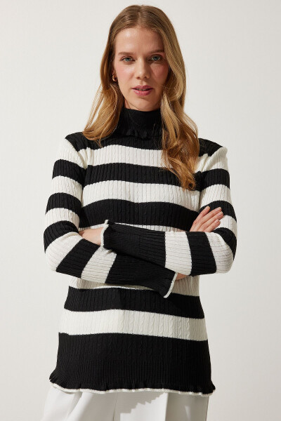 Women's Black Ecru Fisherman Neck Frilled Striped Knitted Sweater DD01269 - 2