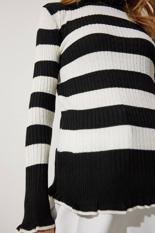 Women's Black Ecru Fisherman Neck Frilled Striped Knitted Sweater DD01269 - 3