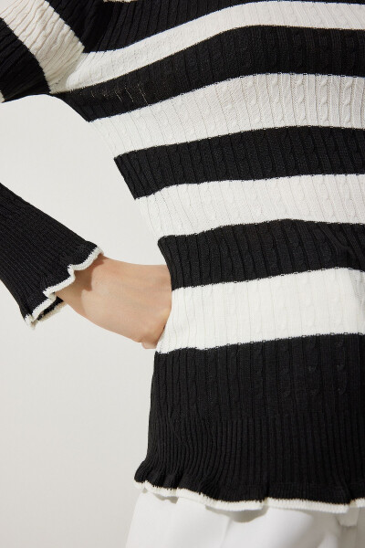 Women's Black Ecru Fisherman Neck Frilled Striped Knitted Sweater DD01269 - 4