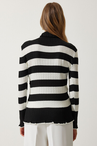 Women's Black Ecru Fisherman Neck Frilled Striped Knitted Sweater DD01269 - 5