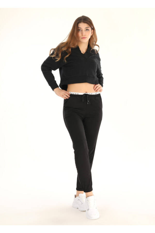 Women's Black Elastic Narrow Leg Elastic Waist Side Stripe Detail Slim Fit Sweatpants Pogi - 2