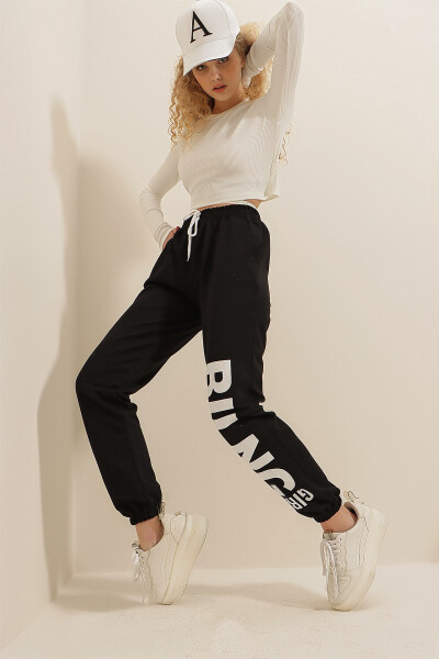 Women's Black Elastic Waist and Cuff Printed Two-Thread Sweatpants ALC-X7914 - 6