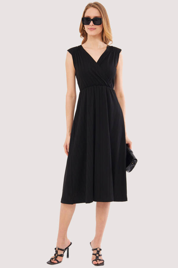 Women's Black Elastic Waist and Shoulder Skirt Lined Wrap Neck Midi Dress ARM-24Y001017 - 6