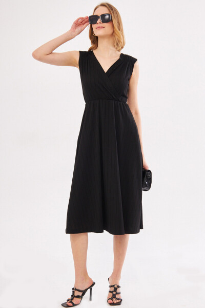 Women's Black Elastic Waist and Shoulder Skirt Lined Wrap Neck Midi Dress ARM-24Y001017 - 7