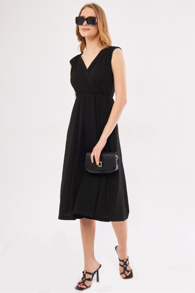 Women's Black Elastic Waist and Shoulder Skirt Lined Wrap Neck Midi Dress ARM-24Y001017 - 8