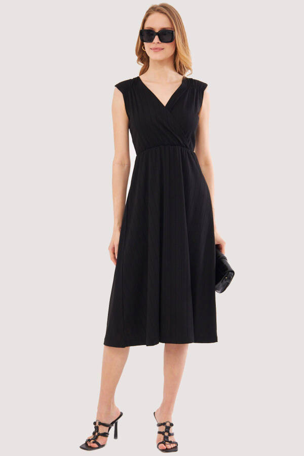 Women's Black Elastic Waist and Shoulder Skirt Lined Wrap Neck Midi Dress ARM-24Y001017 - 1