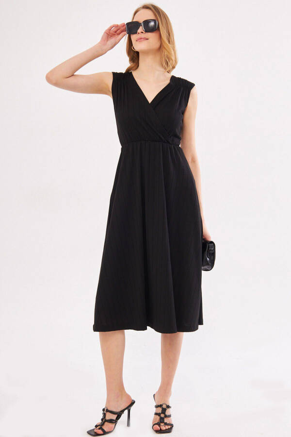 Women's Black Elastic Waist and Shoulder Skirt Lined Wrap Neck Midi Dress ARM-24Y001017 - 2