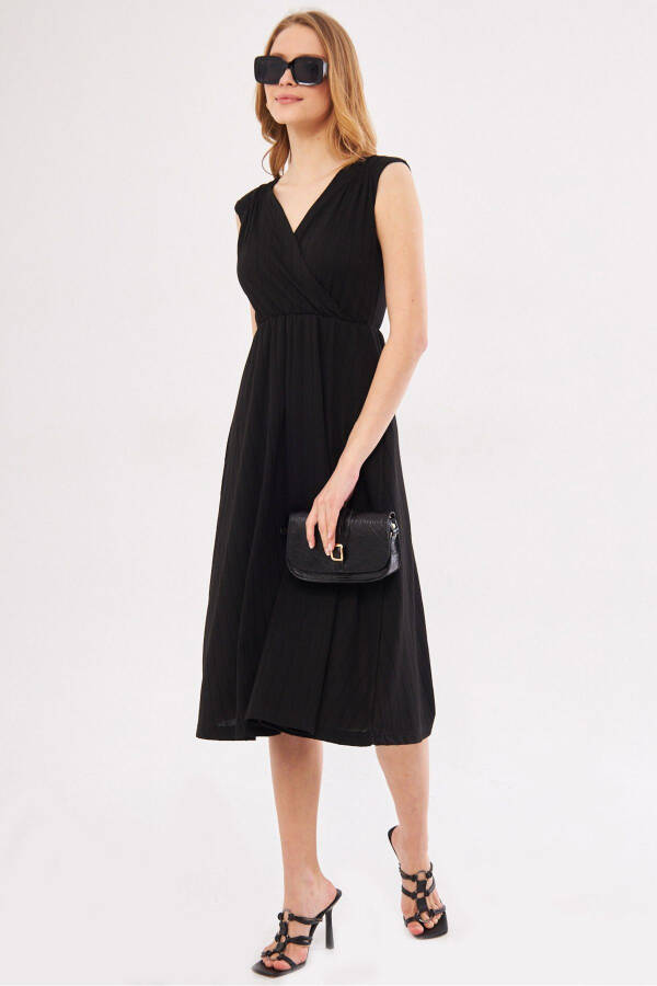 Women's Black Elastic Waist and Shoulder Skirt Lined Wrap Neck Midi Dress ARM-24Y001017 - 3