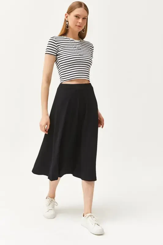 Women's Black Elastic Waist Baggy Knit Skirt ETK-1 - OLALOOK