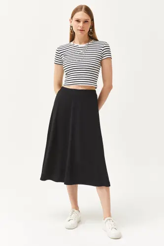 Women's Black Elastic Waist Baggy Knit Skirt ETK-1 - 3