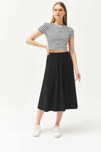 Women's Black Elastic Waist Baggy Knit Skirt ETK-1 - 4