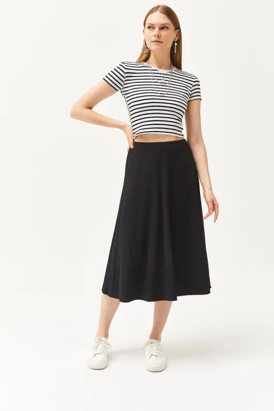 Women's Black Elastic Waist Baggy Knit Skirt ETK-1 - 4