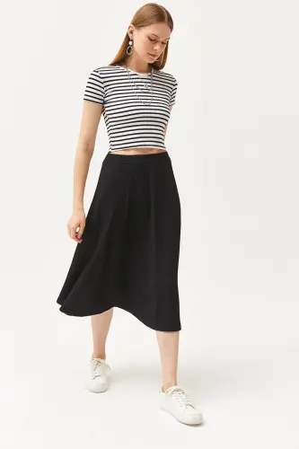 Women's Black Elastic Waist Baggy Knit Skirt ETK-1 - 5